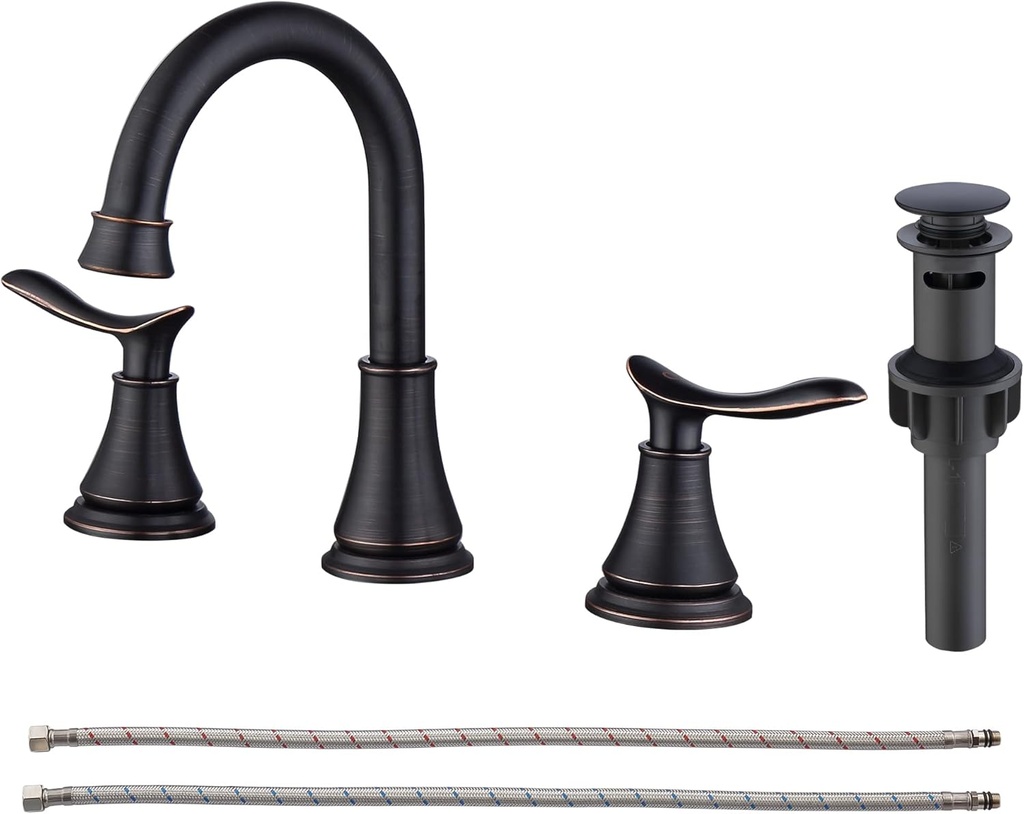 2-Handle 8 inch Widespread Bathroom Sink Faucet Oil Rubbed Bronze Lavatory Faucet 3 Hole 360° Swivel Spout Vanity Sink Basin Faucets with Pop Up Drain Assembly and cUPC Water Supply Hoses