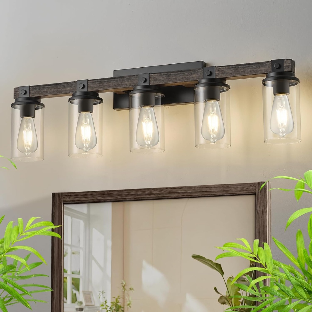 GoYeel Farmhouse Bathroom Vanity Lighting,5 Light Vanity Light Bathroom Lighting Lixtures Over Mirror Wooden with Clear Glass for Hallway Kitchen Sink