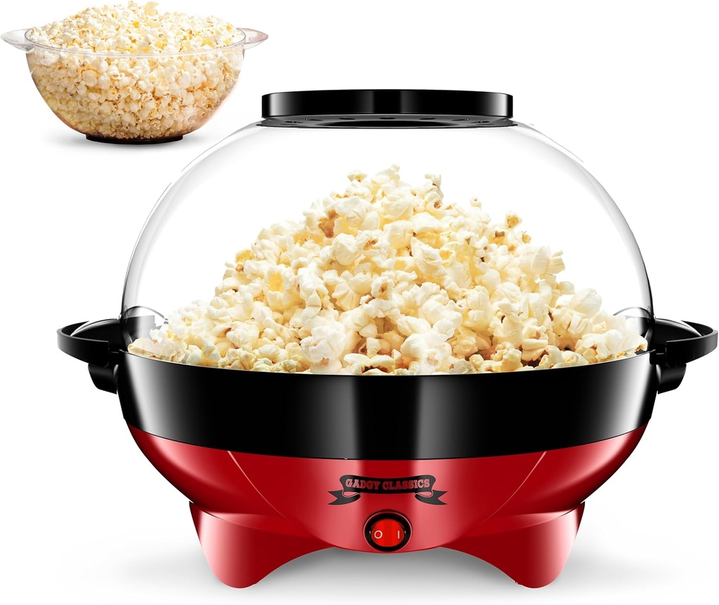 Popcorn Machine – 800W Electric Hot Oil Popcorn Maker with Non-Stick Plate, Lid & Stirrer – Large 24-Cup Popper for Home, Parties, Movie Night – Butter, Sugar & Spice Compatible (Red)
