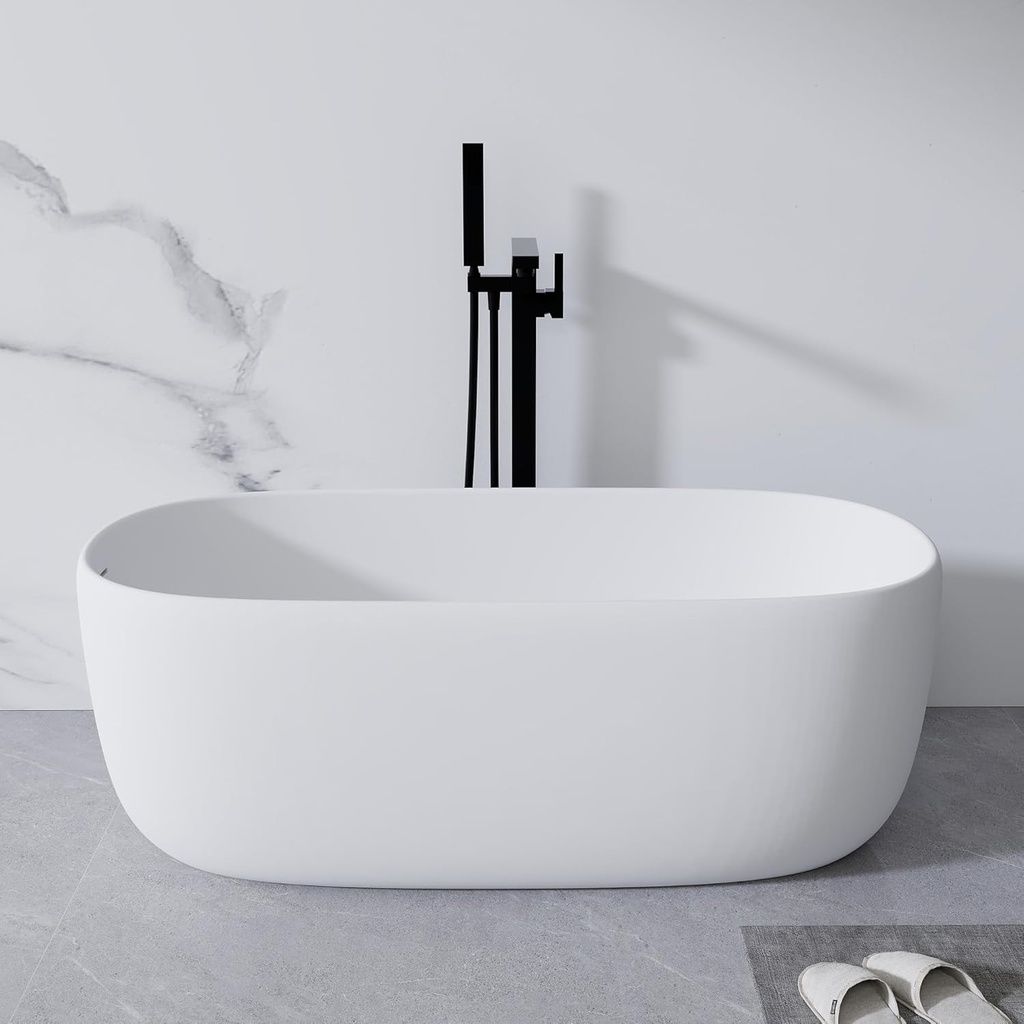 Favfurish 51" Freestanding Bathtub Stone Resin Tub w/Anti-Slip Surface & Upgraded Drain - Non-Permeable Matte White Soaking Tub for Adults(51"L x 25.6"W)