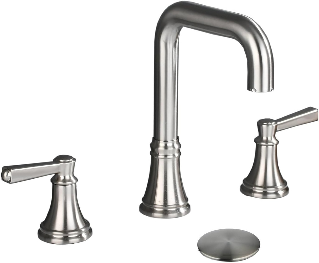 Double Handle Bathroom Faucet - Three Hole Sink Faucet in Brushed Silver with Pop-Up Drain and Water Supply Pipe