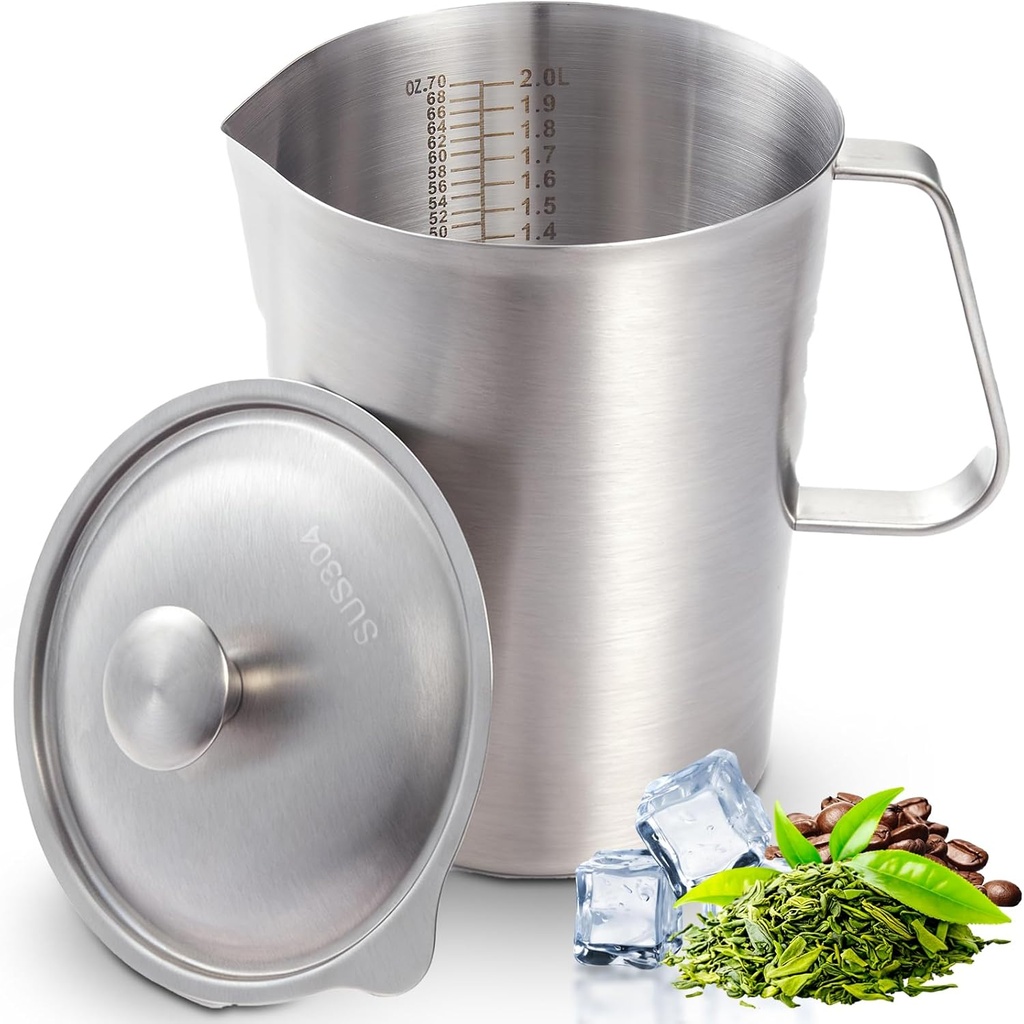 Stainless Steel Pitcher with Lid 2L, Metal 8 Cup Measuring Cup with Handle, Large Mouth Graduated Beakers 70 oz Milk Frothing Pitcher for Espresso Machine, Latte, Iced Tea, Hot & Cold Water