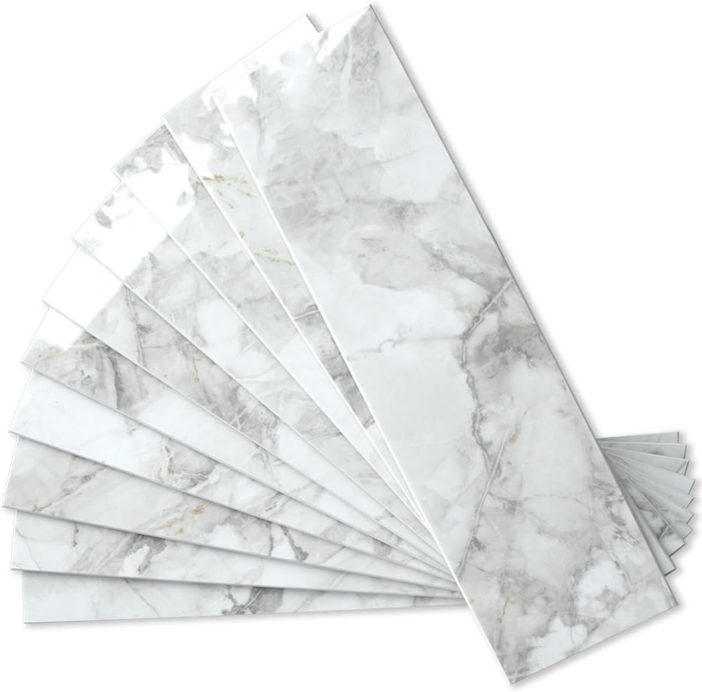 AULIGET 40-Piece Polished White Marble Peel and Stick Backsplash Wall Tiles, 3" x 12" PVC Faux Stone Stick on Tiles for Backsplash Kitchen, Bathroom, Laundry Room, Camper, Fireplace