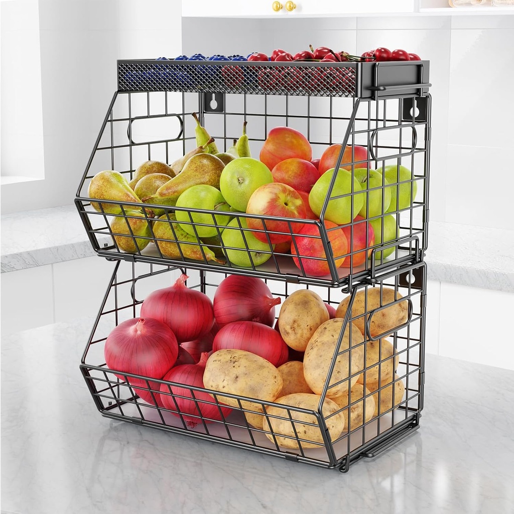 3-Tier Stackable Fruit Basket Kitchen Potato Onion Storage with Wire Bakset Top, Wall-mounted & Countertop Tiered Pantry Organizer for Snack, Fruit and Vegeatble Storage