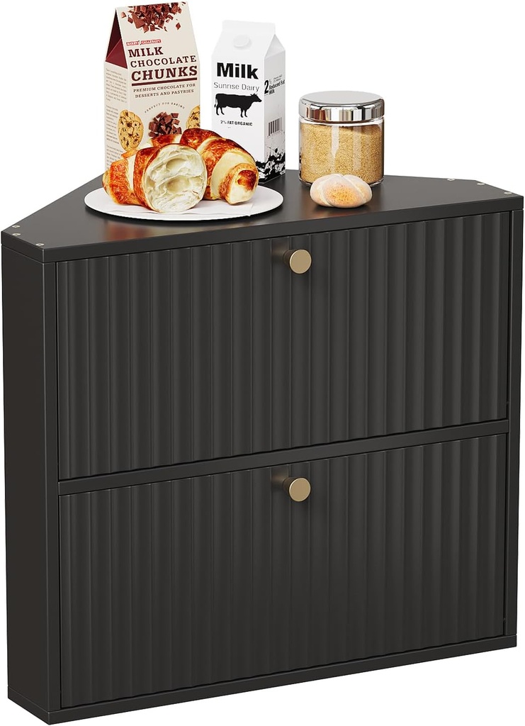 Corner Bread Box for Kitchen Countertop Bamboo Two Layer Large Capacity Bread Storage Bin Vintage Storage for Homemade Bread (Black)