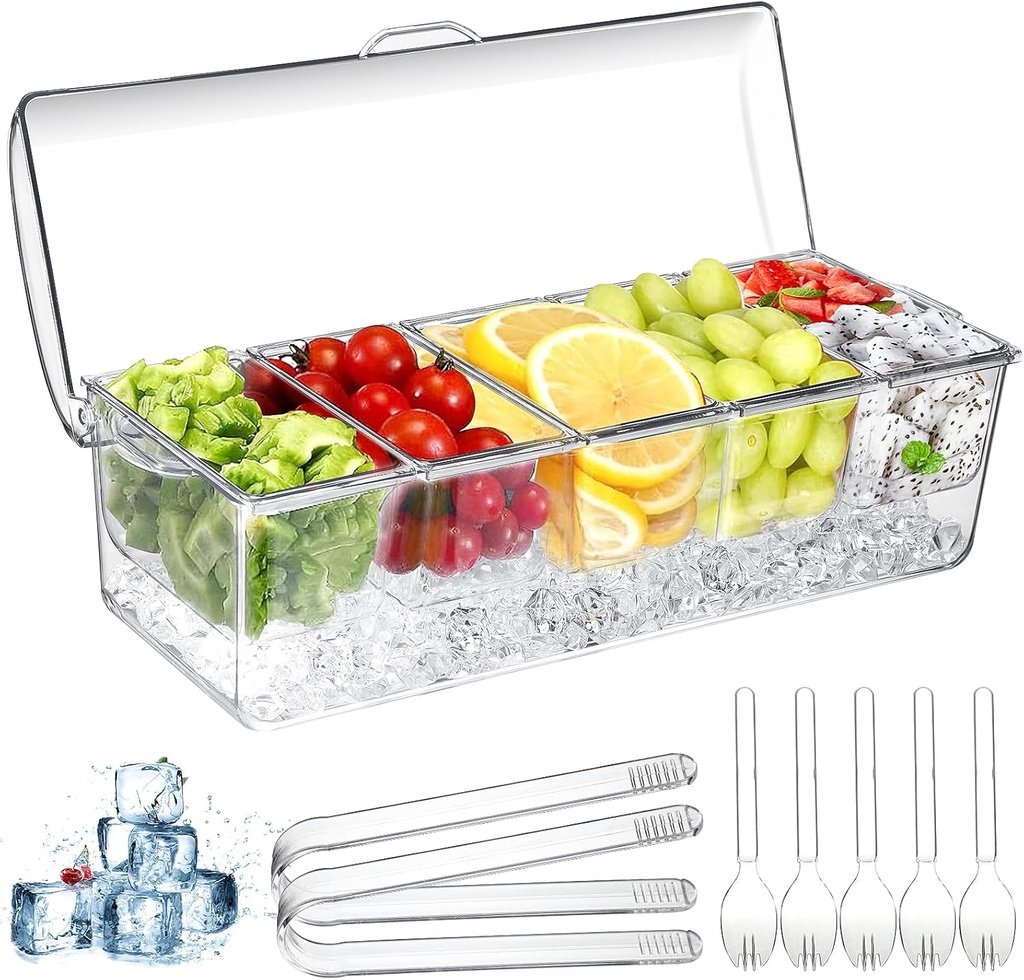 Condiment Containers Server with Lid,Ice Tray,Condiment Organizer,Chilled Caddy,Bar Garnish Holder on Ice,Dispenser,Salad Platter for Parties and Restaurants