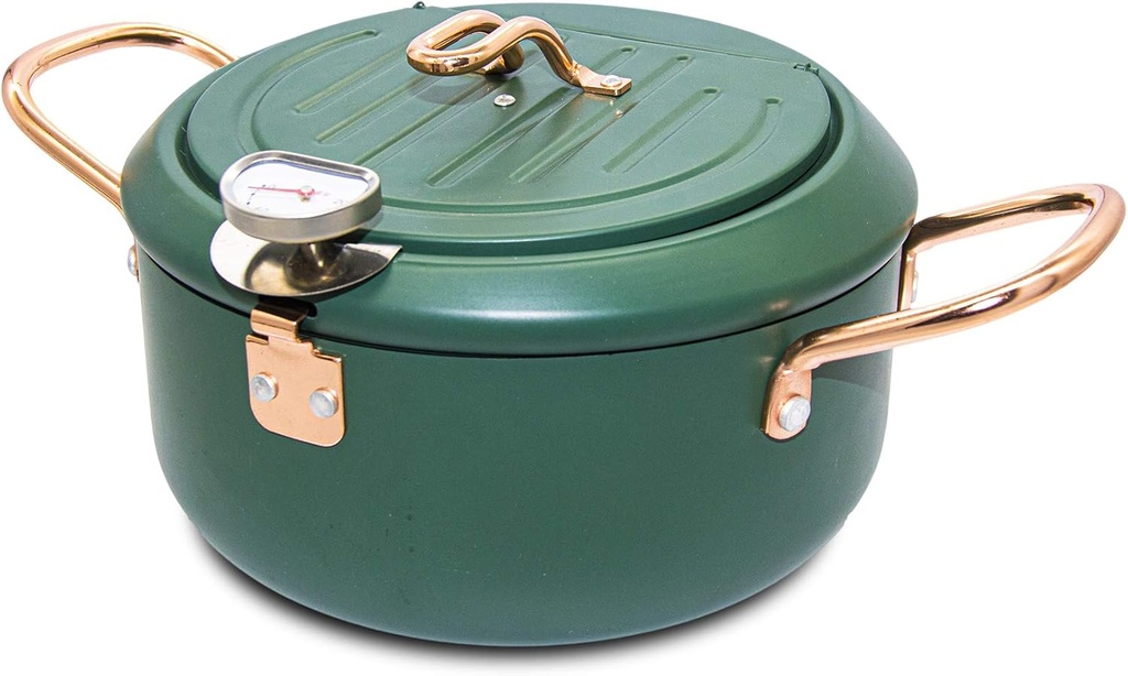 RANRAN RanRanStore Japanese Tempura Deep Fryer Pot with a Thermometer gauge lid 9.5 inch 3200ml 3.4 Quart Carbon Steel with Nonstick Coating Fried tempurachickenfishshrimp Great Fryer Pot (Black)