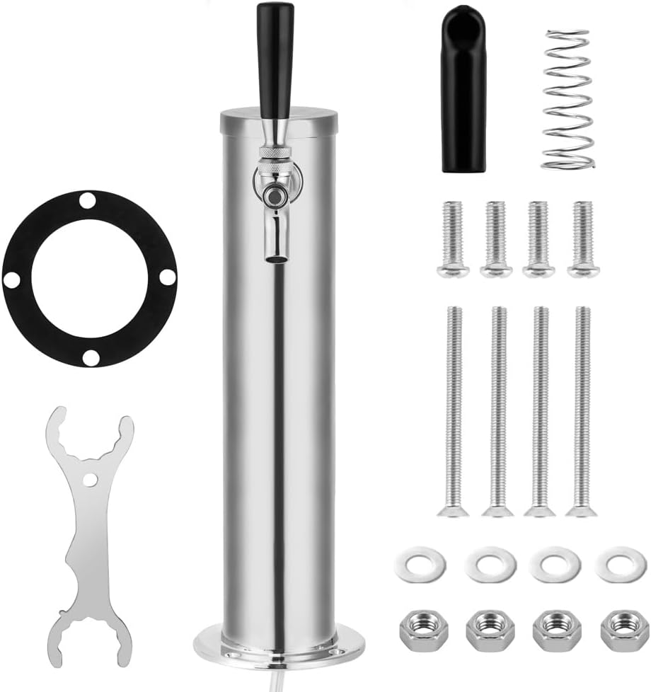 TMCRAFT Single Faucet Draft Beer Tower Dispenser, Polished Stainless Steel Beer Tower Dispenser Kit with Pre-Assembled Tubing and Self-Closing Faucet Shanks for Parties, Bars, Pubs, and Restaurants