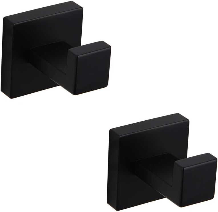 GERZWY Bathroom Matte Black Coat Hook SUS 304 Stainless Steel Single Towel/Robe Clothes Hook for Bath Modern Style Wall Mounted 2 Pack FG1607-2BK