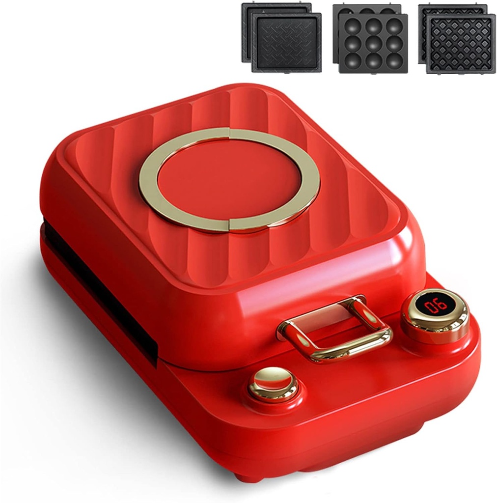 Waffle Maker 3 in 1, Sandwich Toaster, Toastie Maker, Eggs, Waffle Iron with Deep Fill Removable Non-Stick Plates, Compact Snack Maker, LED Indicator Lights, 650W Heat Quickly and Evenly,Red