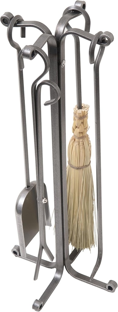 Enclume 4 Piece Rolled Eye Fireplace Tool Set with Stand, Hammered Steel