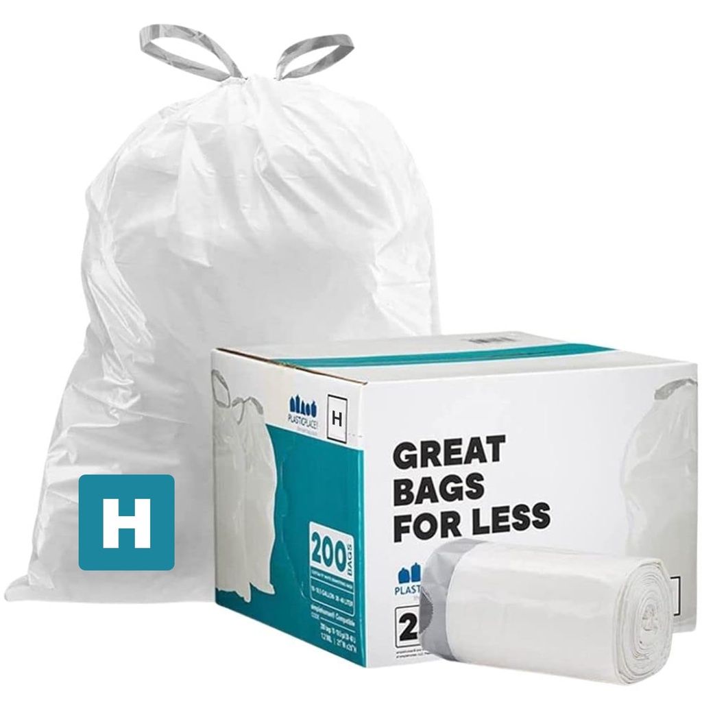Plasticplace Custom Fit Trash Bags Compatible w Simplehuman Code H Drawstring Bags 8-9 Gallon Tear-Resistant Liner 200 Count Heavy-Duty Waste Disposal