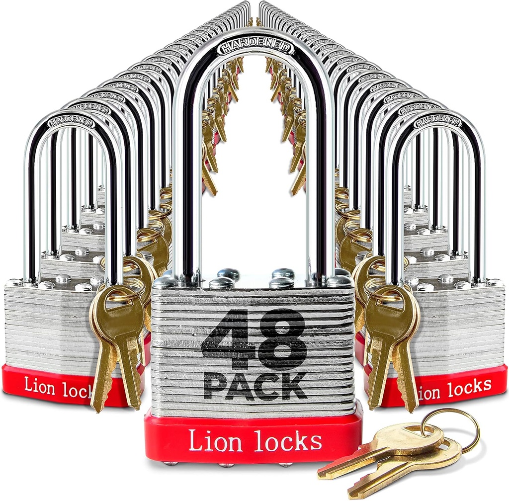 Lion Locks 48 Keyed Alike Padlocks with 2" Long Shackle, 96 Keys - Padlocks for Outdoor Use, Locks with Keys, Hardened Steel Case, Pick Resistant Brass Pin Cylinder for Hasp Latch, Locker, Gate