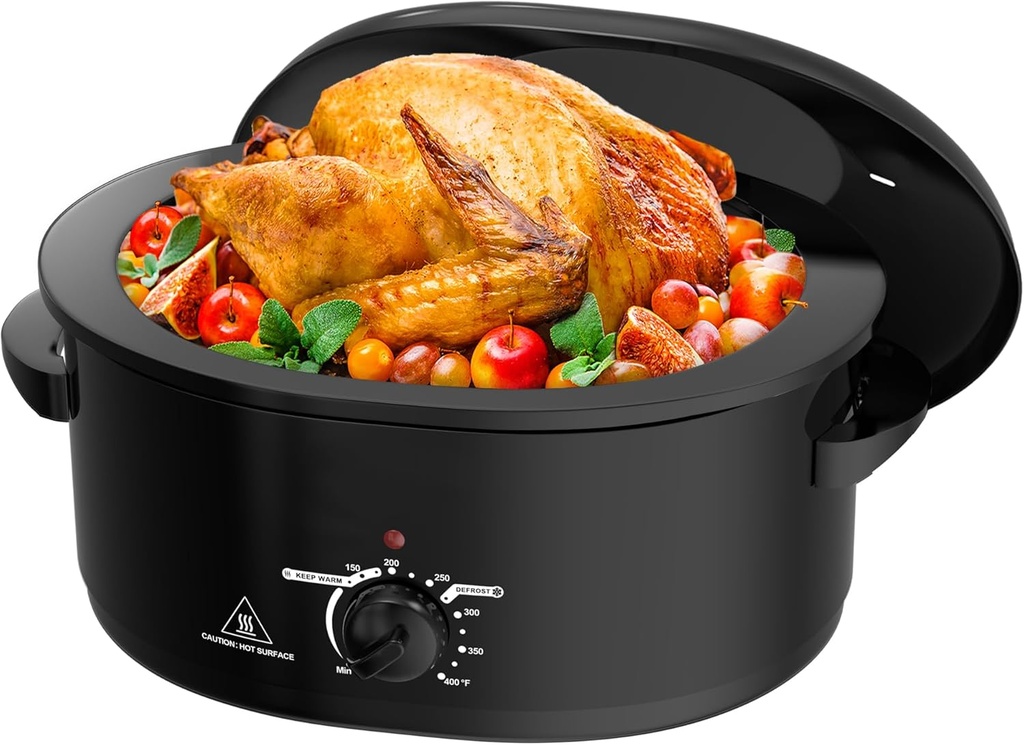 8 Quart Roaster Oven with Self-Basting Lid, Turkey Roasting Pan with Removable Roasting Rack, Turkey Defrost & Warm Function, Adjustable Temperature for Use as a Slow Cooker, Stainless Steel, Black