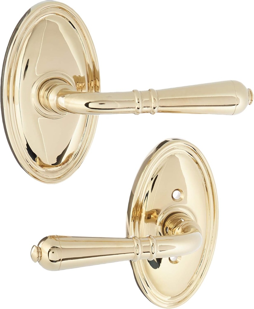 Oval Rosette Set with Turino Levers Right Hand Passage in Polished Brass. Vintage Brass Door Knobs.