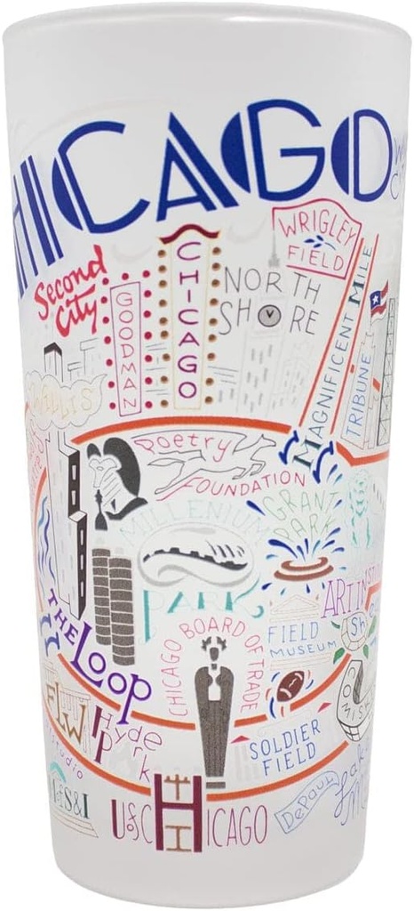 Catstudio Drinking Glass, Chicago Frosted Glass Cup for Kitchen, Drinking Glasses, 15oz Dishwasher Safe Tumbler, Wedding Gifts