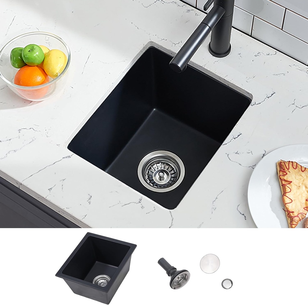 IKEBANA 13x15 inches Dual Mount Granite Bar Sink, Single Bowl Undermount Black Mini Small Kitchen Sink,Kitchen Wet Bar Sink,Black Quartz Composite Prep Bar Rv Sinks