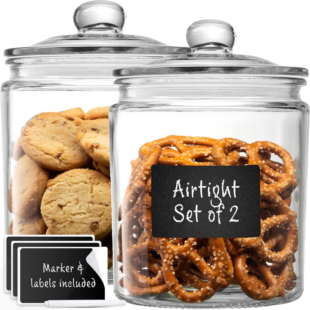 Le'raze Glass Canister Set for Kitchen Counter + Labels & Marker - Set of 2 - Glass Cookie Jars with Airtight Lids - Food Storage Containers with Lids Airtight for Pantry - Flour, Sugar, Coffee, etc.