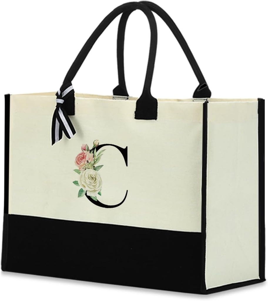 Monogrammed Tote Bags Floral Letter Initial Bag Personalized Beach Bag Monogrammed Gifts for Women Bridesmaids Wedding