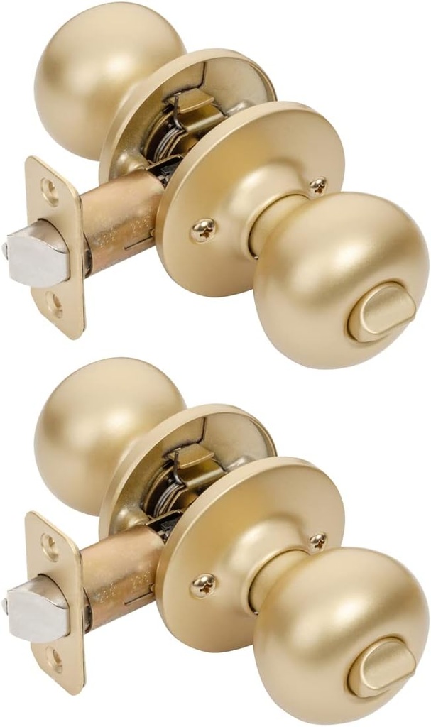 Designers Impressions Bedford Design Satin Brass Round Privacy Door Knob (Bed & Bath), 2 Pack