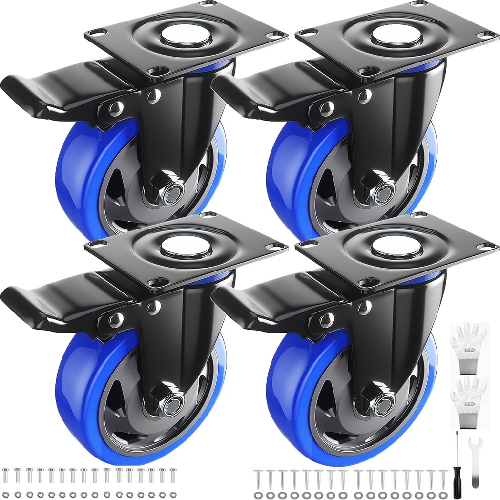 Caster Wheels 3 Inch, Swivel Casters Set of 4 Heavy Duty with Safety Dual Locking, Plate Casters with Double Ball Bearings, Industrial Castor Wheels for Furniture,Workbench(Free Hardware Kits)
