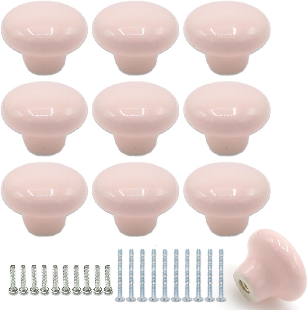 10Pack Ceramic Cabinet Knobs, 1.26Inch/32mm Pink Round Drawer Dresser Knob Pulls Handle with Screws, for Kitchen Cupboards, Wardrobes, Children's Rooms, Bedroom Furniture & Office Desks
