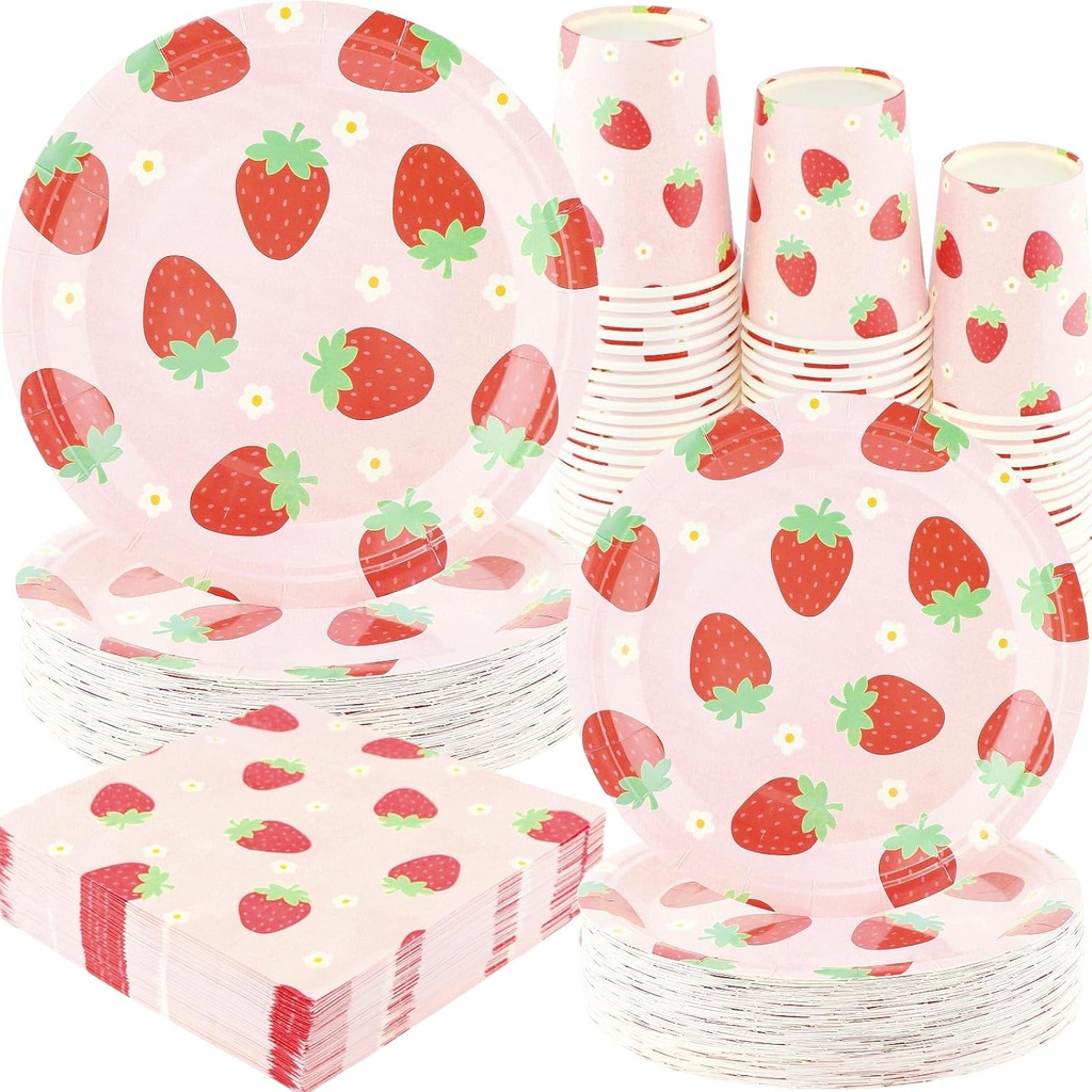 Strawberry Party Tableware Set - 200PCS Birthday Party Supplies Strawberry Disposable Paper Plates Dinnerware Set Dinner Plates Dessert Plates Cups Napkins for 50 Guests Baby Shower Fruit 1st