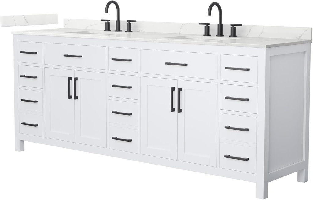Wyndham Collection Beckett 84 Inch Double Bathroom Vanity in White, Giotto Quartz Countertop, Undermount Square Sinks (3-Hole), Matte Black Trim