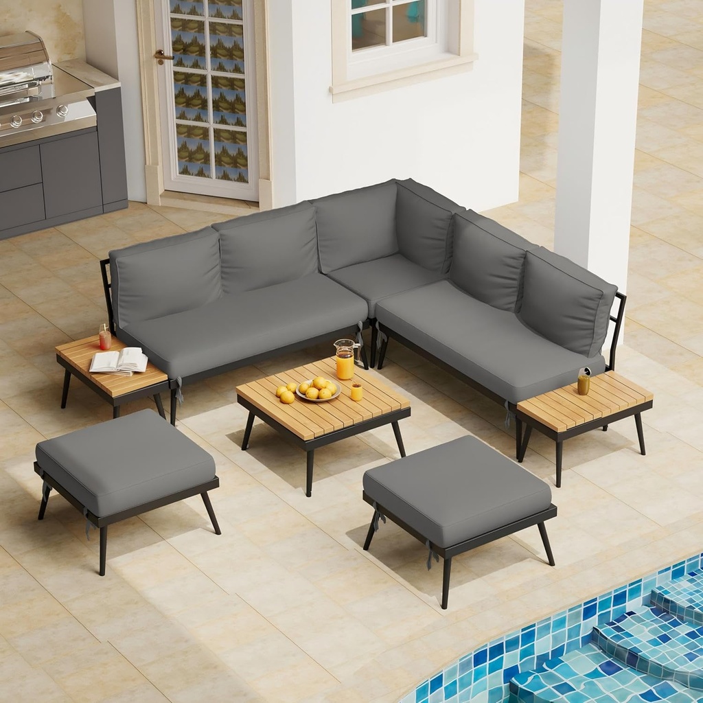 Premium Outdoor Patio Sectional Sofa Set with Iron Legs, Modular Outdoor Sectional with Waterproof Cushions & Acacia Wood Tables for Patio Conversation Sets (Grey)