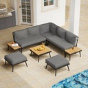 Premium Outdoor Patio Sectional Sofa Set with Iron Legs, Modular Outdoor Sectional with Waterproof Cushions & Acacia Wood Tables for Patio Conversation Sets (Grey)