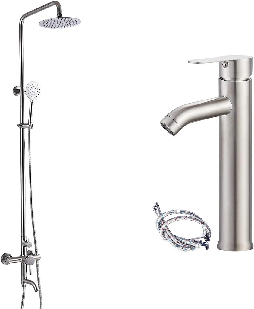 gotonovo Stainless Steel Outdoor Shower faucet Set 8’’ Shower Head Wall Mount Triple Function Shower System with Tall Vessel Sink Bathroom Faucet Single Handle Deck Mounted Lavatory Vanity Tap