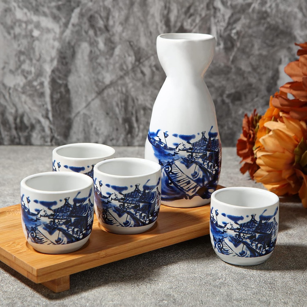 Japanese Sake Set, 1 Tokkuri Bottle & 4 Ochoko Cups with a Wooden Tray, Ceramic Sake Set Microwave and Dishwasher Safe