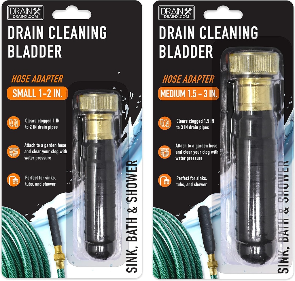 DrainX Hydro Pressure Drain Cleaning Bladder - Fits 1" to 3" Drain Pipes - Unclogs Stubborn Blockages in Bathroom Sinks, Shower Drains, Bathtubs, Plumbing Pipes
