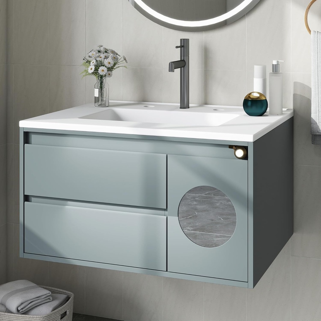 GOOBED 31" LED Floating Bathroom Vanity with Sink, Bathroom Vanity with 2 Drawers & Mirror Cabinet, Wall Mounted Vanity Storage, Grey