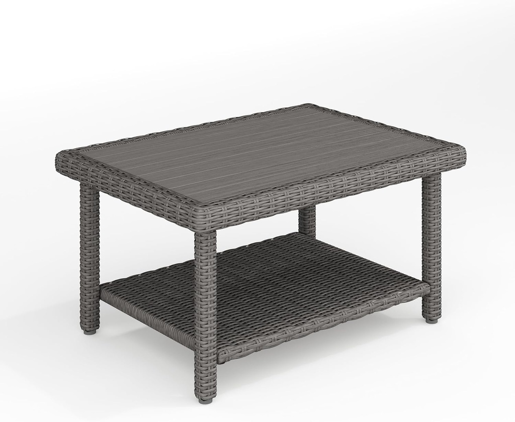 Martha Stewart Bedford Indoor-Outdoor Patio Coffee Table with Lower Shelf, Faux Wood Top, and Rattan Wicker Finish in Gray