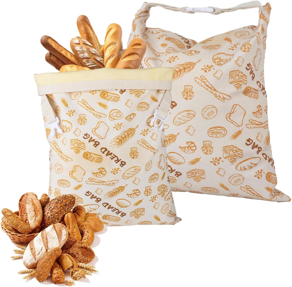 Reusable Bread Bag with Beeswax Lining – 2 Pack XL Cotton Bread Storage Bag for Homemade Sourdough, Baguette, Loaves – Eco-Friendly Waxed Food Wrap for Kitchen & Freezer