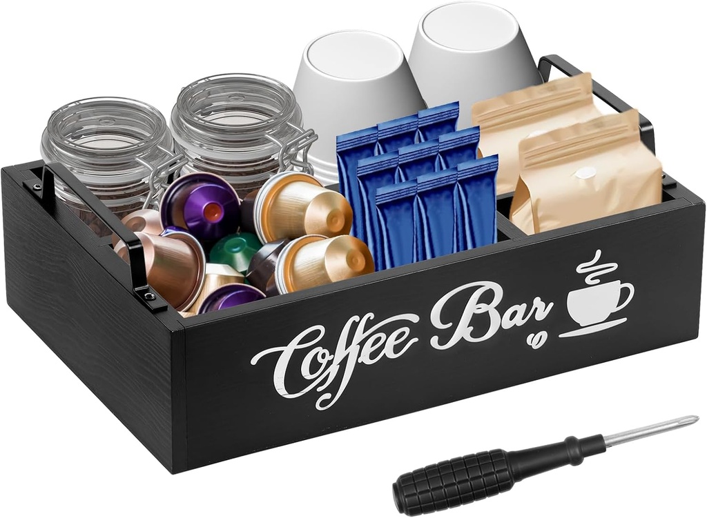 Coffee Station Organizer for Countertop Wooden Coffee Pod Holder Coffee Bar Organizer with Handle Coffee and Tea Condiment Organizer Farmhouse Coffee Bar Accessories Organizer for Coffee Lovers