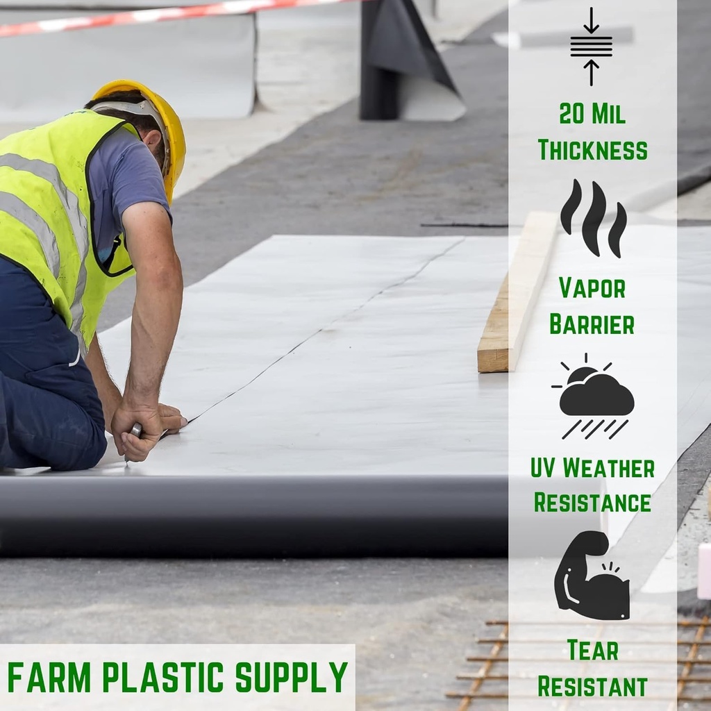 Farm Plastic Supply Crawl Space Vapor Barrier, 20 mil - Thick Plastic Sheeting, Drop Cloth Moisture Barrier for Crawl Space Encapsulation, Heavy Duty Polyethylene, Black & White Panda Film (6' x 75')