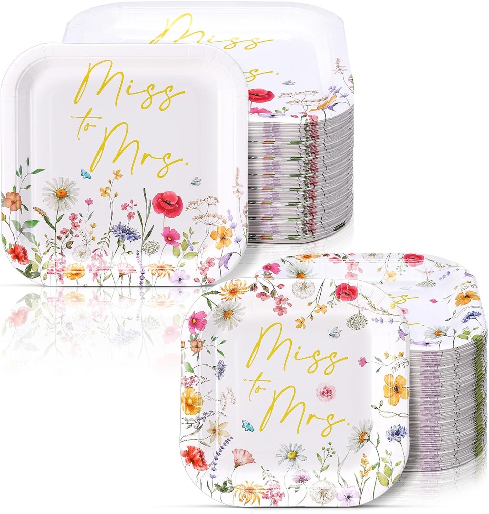 Umigy 100 Pcs Paper Plates Flower Dinner 9'' Floral Disposable Paper Plates 7'' Square Dessert Set for Dinner Birthday Wedding Baby Shower Party Tableware(Pink and Gold,Miss to Mrs)