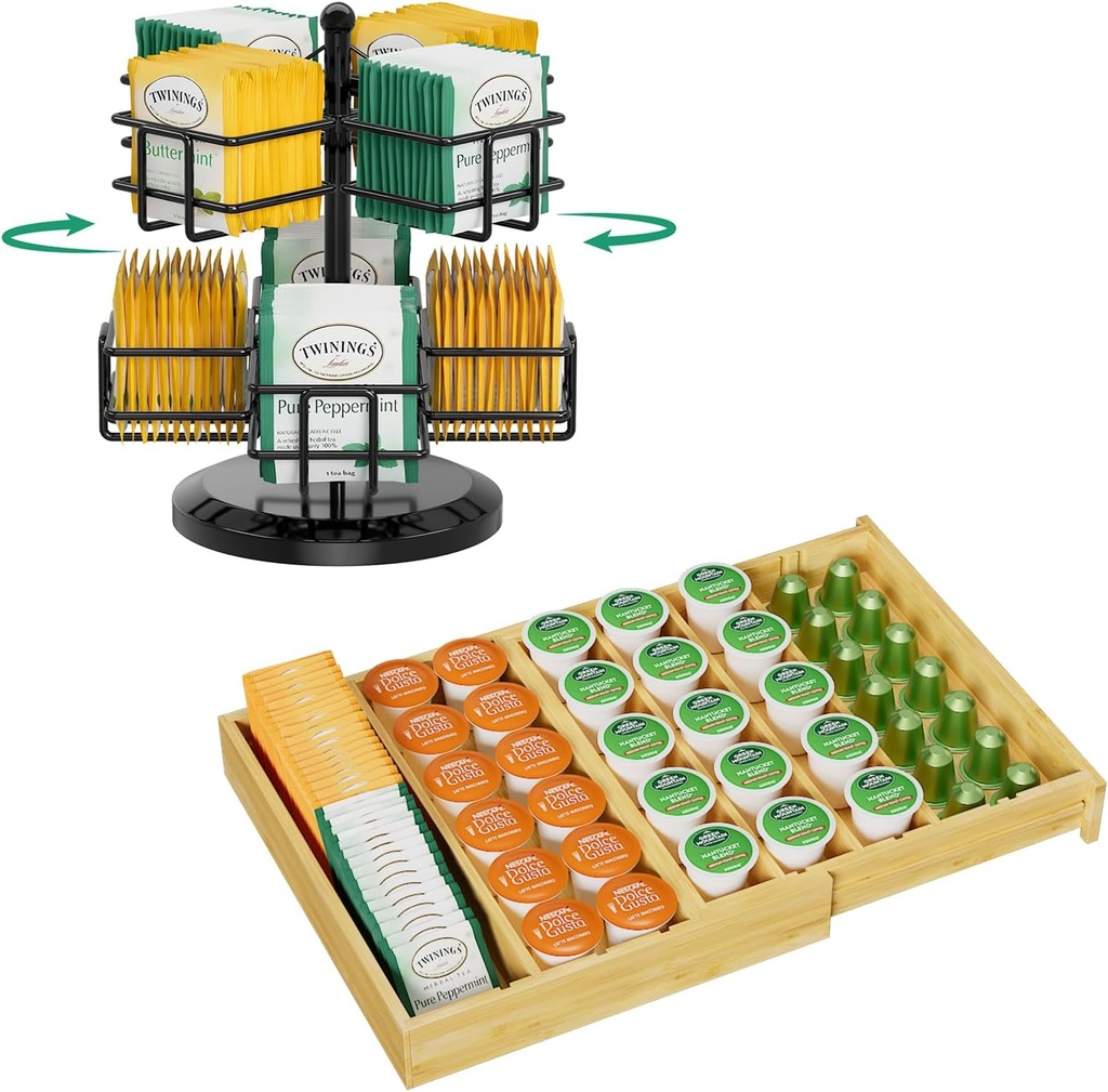 EsLuker.ly Tea Bag Holder Organizer for Counter and Bamboo Coffee Pod K Cup Holder Organizer for Drawer Insert