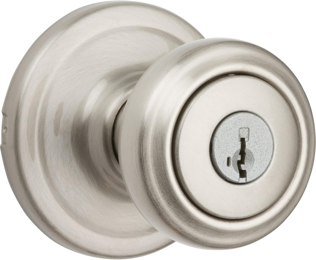 Kwikset Cameron Entry Door Knob with Lock and Key, Secure Keyed Handle Exterior, Front Entrance and Bedroom, Satin Nickel, Pick Resistant SmartKey Rekey Security and Microban