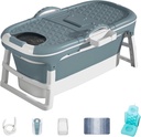 Portable Bathtub with Thermometer,59 Inch Foldable Bathtub for Adults,Soaking Bath Tub with Removable Cushion,Non-Slip Carpet and Cover,Collapsible Tub for Hot Bath, Ice Bath (Blue, 59IN)