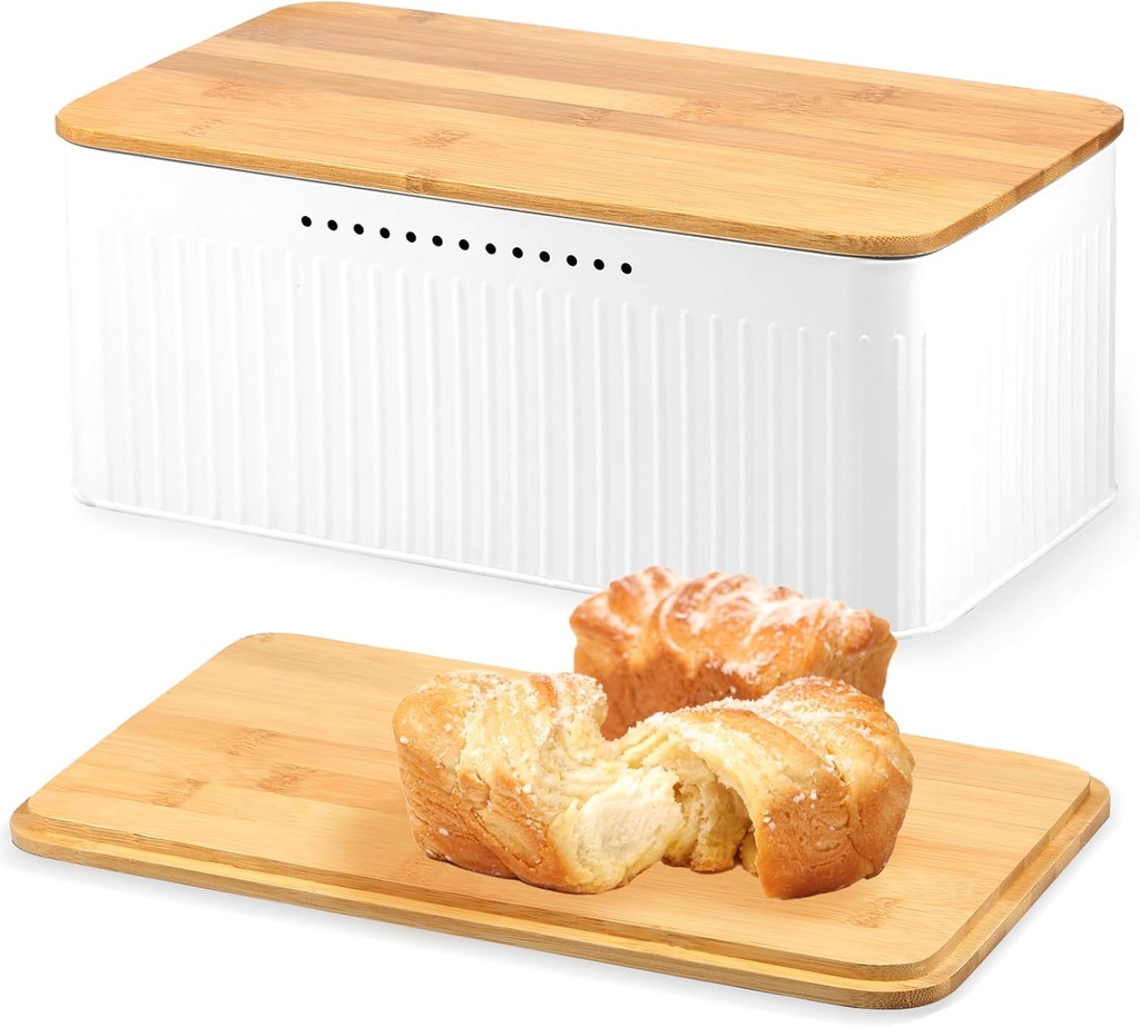Bread Box, Bread Box with Bamboo Lid 13"x7"x5.3" Bread Storage Container Metal Bread Container Breathable Bread Bin Large Capacity Bread Storage Bin Bread Keeper for Home(Vertical Patterned)