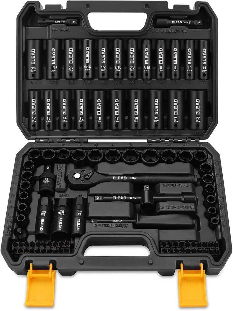 ELEAD 3/8" Drive Impact Socket Set, 96-Piece Deep & Shallow Socket Set Metric and Standard Full with Adapters, Ratchet Handle, Universal Joint, Extension Bar, Screwdriver Bit Sets, Spark Plug Sockets