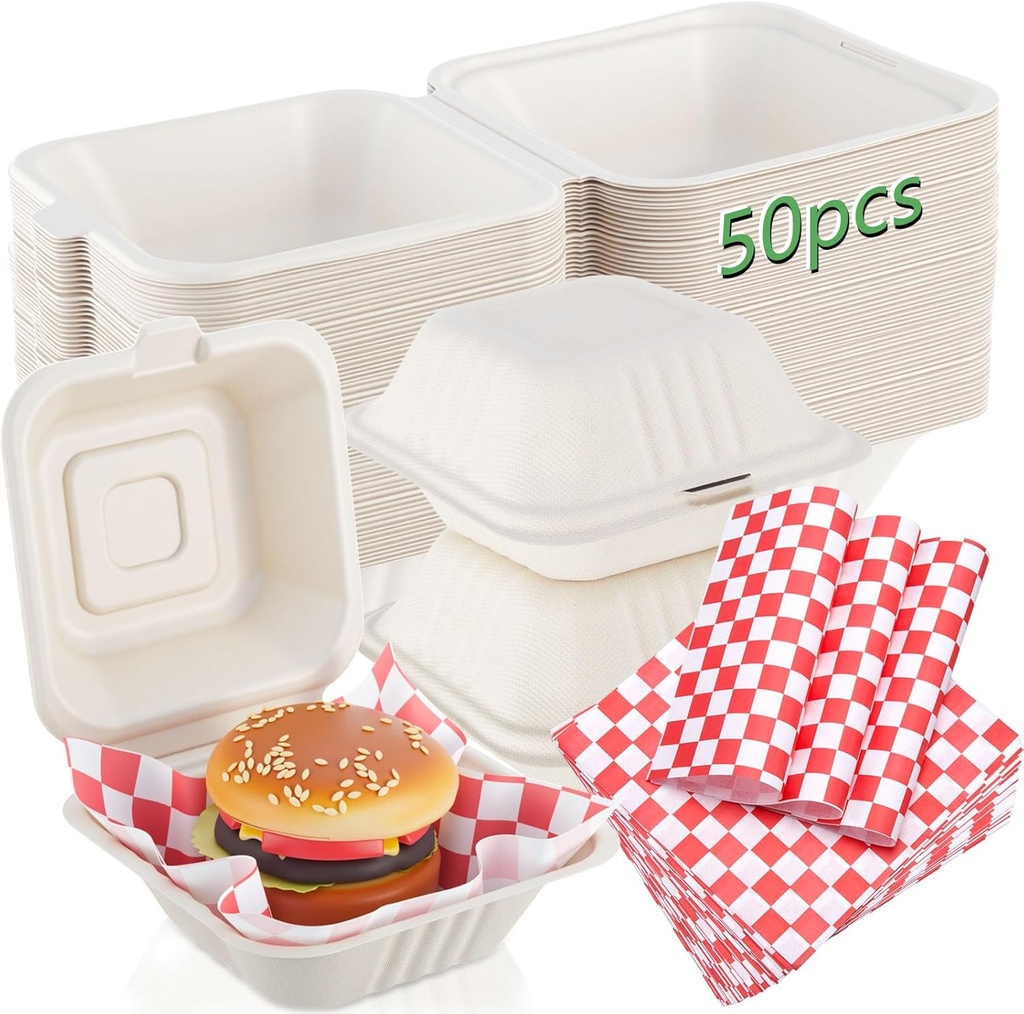 50 Set 6x6 Compostable Clamshell Takeout Food Containers Disposable Square Small Lunch Boxes with 7x7 Red and White Checkered Deli Paper Sheet Grease Resistant Wax Paper Sheet for Food