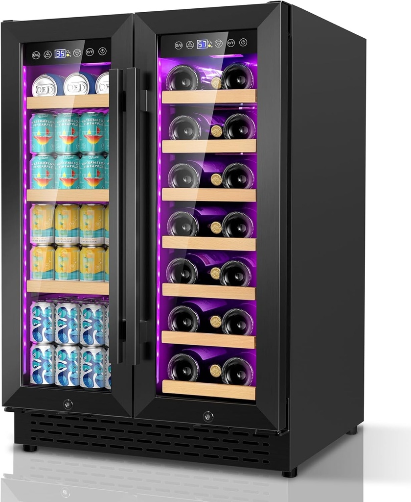 24 Inch Wine and Beverage Refrigerator，90 Can & 21 Bottle Dual Zone Wine Fridge Cooler, Built-In or Under Counter Fridge with 3 LED, Fast Cooling & Low Noise for Home/Kitchen