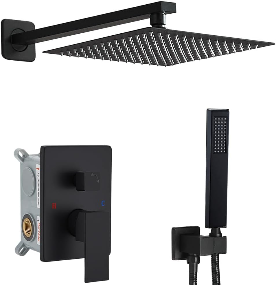 Shower Faucet Set Complete, Wall Mount Shower System for Bathroom 12 Inch High-Pressure Rainfall Shower with Handheld, Rough-in Valve Body and Trim Kit, Matte Black