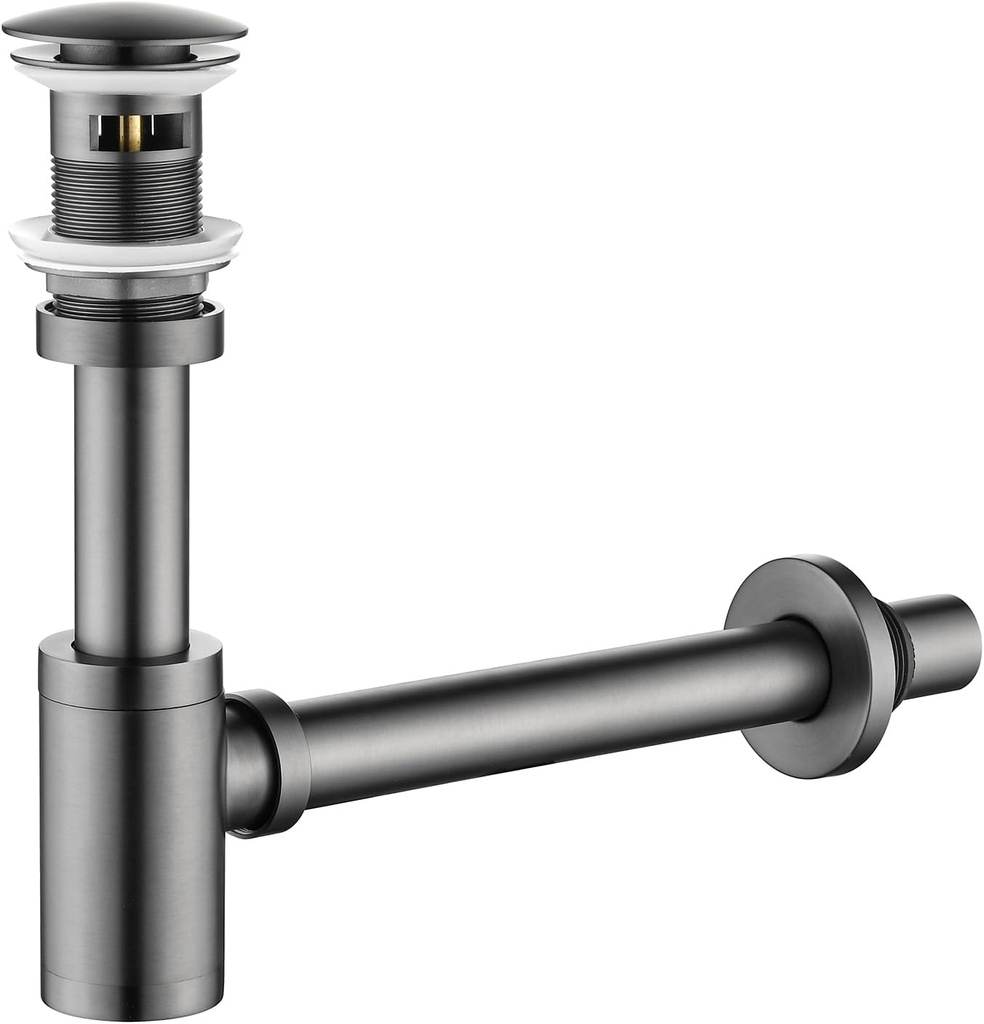 Brass P Trap Set: 1-1/4 Bottle P-Trap with Bathroom Sink Stopper - Sink Drain Plumbing Kit for Pipe Replacement (Grey, with Overflow)