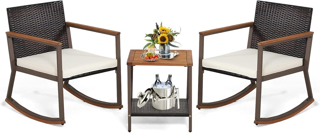 Tangkula 3 Pieces Rocking Bistro Set, Outdoor Rocker Chair with Coffee Table & Cushions, Patio Rattan Furniture Conversation Set for Balcony Porch Poolside (Off White)