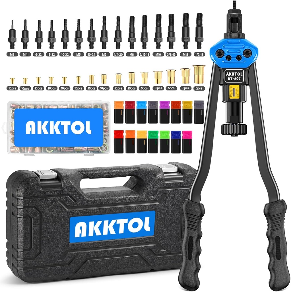 AKKTOL Rivet Nut Tool kit, 16" Rivnut Tool Kit with 15 Metric and SAE Mandrels, 125-PCS Rivet Nut Assortment Kit, Rugged Carrying Case, Ideal for Sheet Metal & Automotive Work
